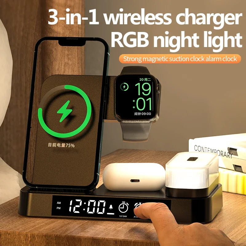 3-in-1 Wireless Charging Stand with Alarm Clock & Night Light - Voltix