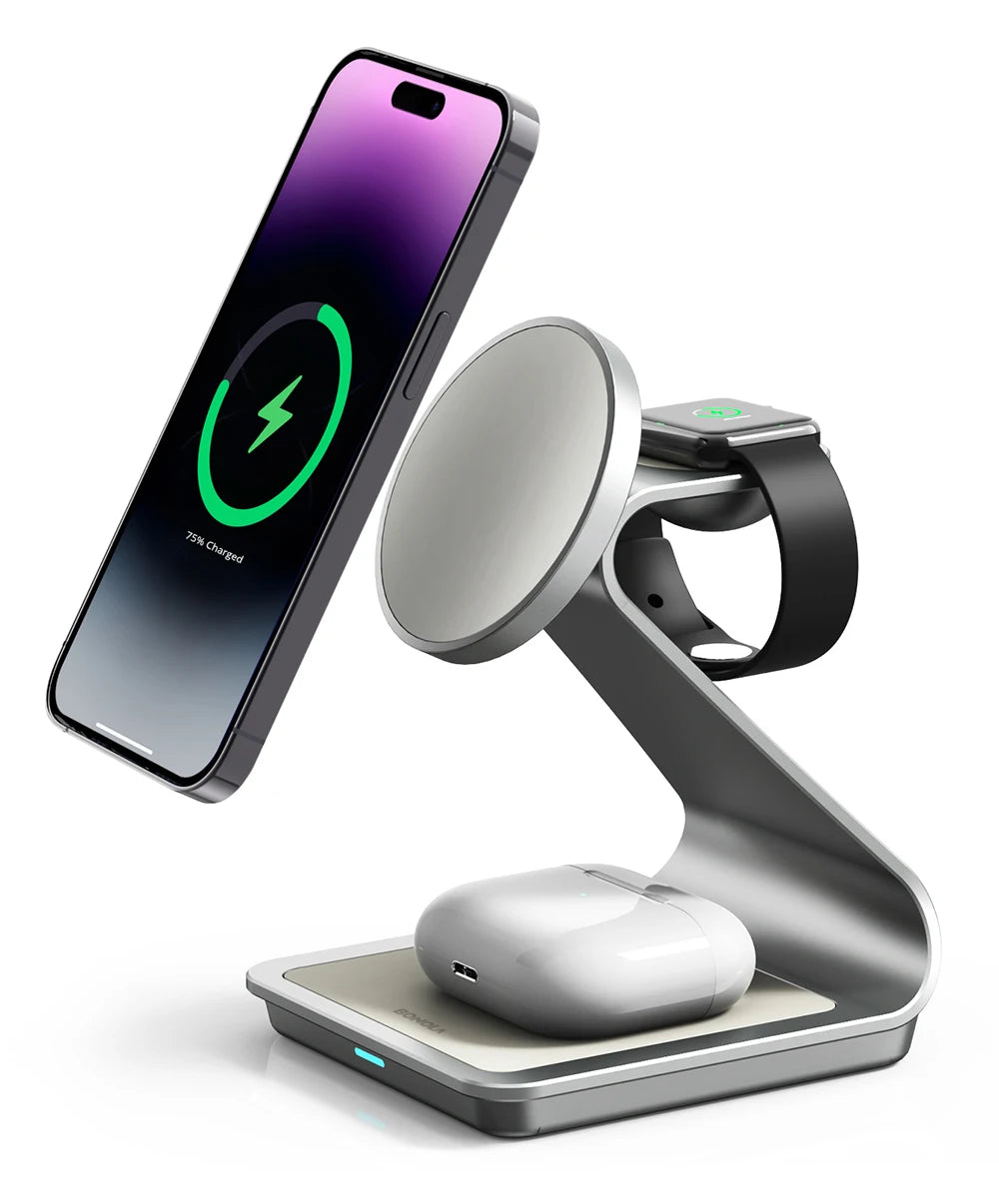 Futuristic Wireless Charger with sleek iron design. - Voltix