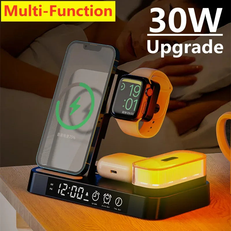 3-in-1 Wireless Charging Stand with Alarm Clock & Night Light - Voltix